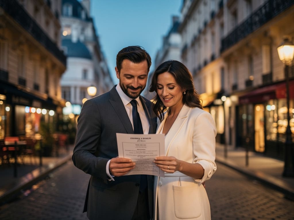 Deux visiteurs adultes consultent leur programme de soirée près de Montmartre